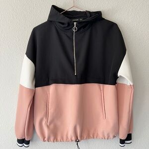 Zara Basic Colorblock Quarter-Zip Hoodie - Black/Pink/White